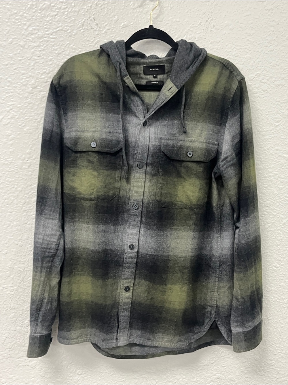 Vince Olive and Gray Plaid Hooded Shirt Jacket #1223